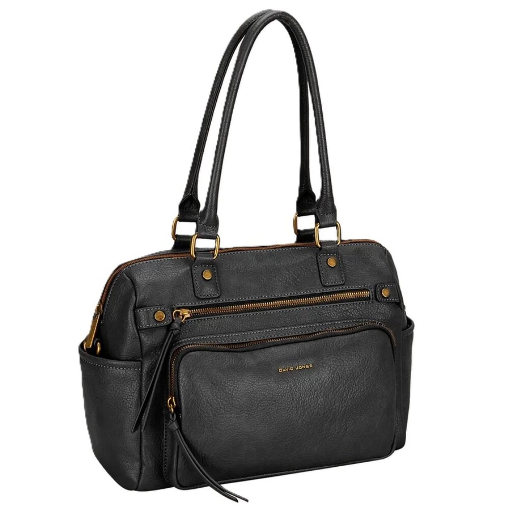 David Jones Paris Women Fashion Zipper PU Leather Shoulder Handbag - Black